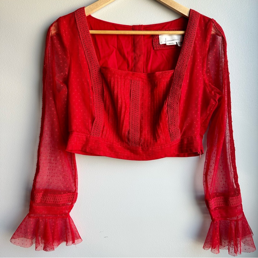 Anthropologie red tulle long sleeve crop top